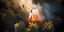 Fire Fighting Helicopter Dropping Water On Wildfire. Disaster Forest Burning Emergency Banner, Aerial Top View. Generation AI