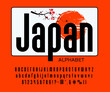 Bold Asian font and alphabet from English letters and numbers. Modern vector abc type or typeface in Japanese, Chinese and Korean oriental styles