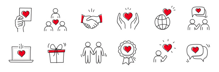 community trust hand, social heart doodle line icon. charity community, partnership care, people sol