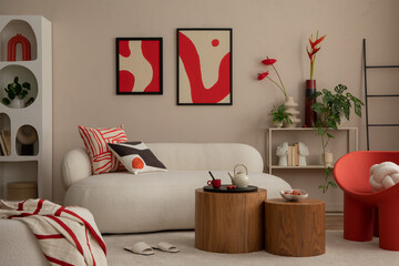 Wall Mural - Interior design of modern and cozy living room interior with mock up poster frame, red armchair, wooden coffee table, pillows, vase with flowers and personal accessories. Home decor. Template.