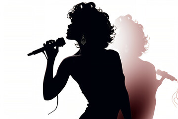 Silhouette of a female diva vocalist singing with a microphone which is used by a singer in a performance at a concert in a hall or club, Generative AI stock illustration image