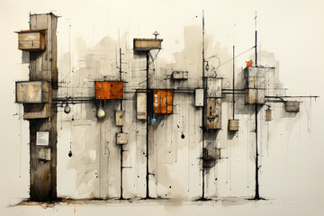 Poster - A series of abstract drawings that explore the lines and patterns found on a light pole.  Generative AI.
