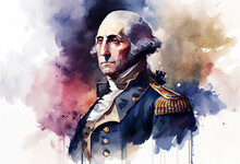 Watercolour Painting Of George Washington A Founding Father Of The United States Of America Who Served As The First President, Computer Generative AI Stock Illustration
