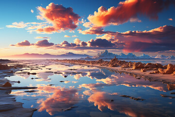 Poster - A panoramic shot of the Uyuni Salt Lake during the rainy season, when a thin layer of water covers the salt flats, creating a mirror-like reflection of the sky above.  Generative AI.