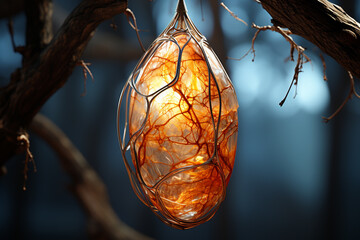 Poster - A macro photograph showcasing a translucent cocoon suspended from a branch.  Generative AI.