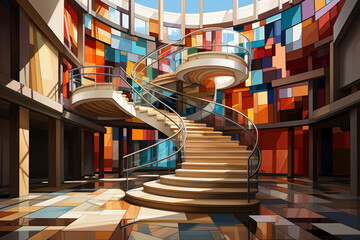 Poster - An abstract painting showcasing a staircase motif with bold and vibrant geometric patterns.  Generative AI.