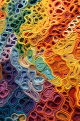 Fototapete - An abstract textile artwork featuring vibrant colors, intricate patterns, and tactile textures, inviting viewers to engage with the work on a sensory level.  Generative AI technology.