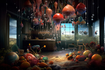Fototapete - A digital art surreal composition that combines elements from different worlds or contexts,  Generative AI technology.