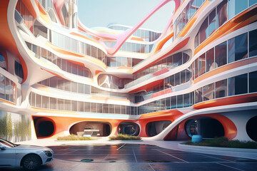 Fototapete - A digital art architectural visualization that showcases the design and aesthetics of a futuristic building or urban environment,  Generative AI technology.