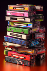 Fototapete - An image of a stack of colorful audio cassette tapes, showcasing various album covers and representing a collection of music.  Generative AI technology.