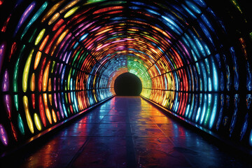 Fototapete - A photograph of a tunnel illuminated with a series of differently colored spotlights, giving it a lively and theatrical ambiance.  Generative AI technology.