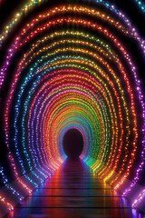 Poster - An aerial view of a tunnel with LED strips forming a mesmerizing rainbow arch, creating a colorful and enchanting passage.  Generative AI technology.