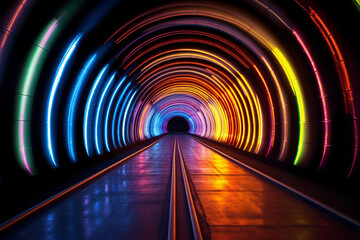 Fototapete - A night-time photograph of a tunnel with synchronized color-changing lights, producing a captivating and dynamic visual spectacle.  Generative AI technology.