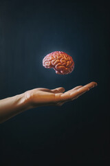 Poster - A conceptual photograph of a hand reaching out to touch a floating brain, suggesting curiosity, learning, and the pursuit of understanding.  Generative AI technology.