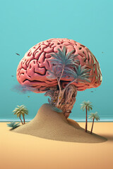 Fototapete - A mixed media artwork combining hand-drawn elements and digital manipulation to create a whimsical depiction of a brain resting in a palm.  Generative AI technology.