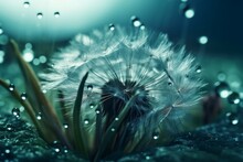 Close-up On A Dandelion And Dew Drops. Generative AI.