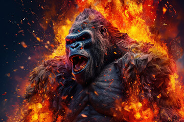 Fototapete - A digital illustration of a Gorilla engulfed in flames, symbolizing destruction, chaos, or revolution.  Generative AI technology.