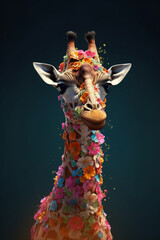 Fototapete - A conceptual image of a Giraffe made from unconventional materials, such as flowers or feathers, challenging the perception of Giraffe as solely utilitarian objects.  Generative AI technology.
