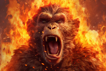 Fototapete - A digital illustration of a Monkey engulfed in flames, symbolizing destruction, chaos, or revolution.  Generative AI technology.
