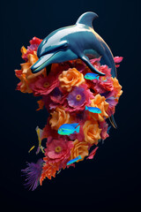 Fototapete - A conceptual image of a Dolphin made from unconventional materials, such as flowers or feathers, challenging the perception of Dolphin as solely utilitarian objects.  Generative AI technology.