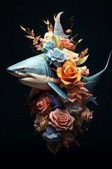 Fototapete - A conceptual image of a Shark made from unconventional materials, such as flowers or feathers, challenging the perception of Shark as solely utilitarian objects.  Generative AI technology.