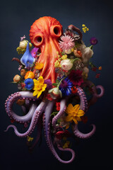 Fototapete - A conceptual image of a Octopus made from unconventional materials, such as flowers or feathers, challenging the perception of Octopus as solely utilitarian objects.  Generative AI technology.