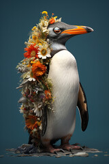 Fototapete - A conceptual image of a Penguin made from unconventional materials, such as flowers or feathers, challenging the perception of Penguin as solely utilitarian objects.  Generative AI technology.