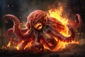 Fototapete - A digital illustration of a Octopus engulfed in flames, symbolizing destruction, chaos, or revolution.  Generative AI technology.