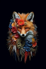 Fototapete - A conceptual image of a Fox made from unconventional materials, such as flowers or feathers, challenging the perception of Fox as solely utilitarian objects.  Generative AI technology.
