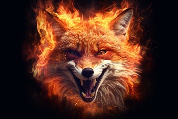 Fototapete - A digital illustration of a Fox engulfed in flames, symbolizing destruction, chaos, or revolution.  Generative AI technology.