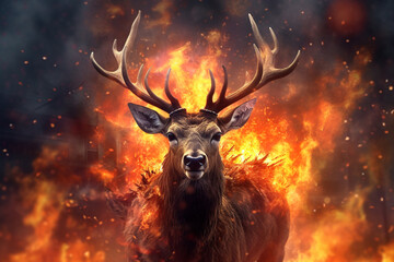 Fototapete - A digital illustration of a Deer engulfed in flames, symbolizing destruction, chaos, or revolution.  Generative AI technology.