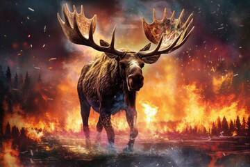 Fototapete - A digital illustration of a Moose engulfed in flames, symbolizing destruction, chaos, or revolution.  Generative AI technology.