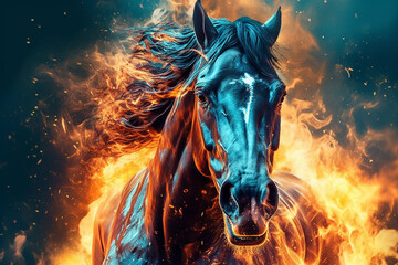 Poster - A digital illustration of a Horse engulfed in flames, symbolizing destruction, chaos, or revolution.  Generative AI technology.