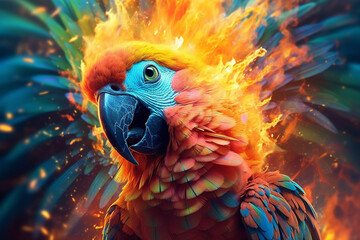 Aufkleber - A digital illustration of a Parrot engulfed in flames, symbolizing destruction, chaos, or revolution.  Generative AI technology.