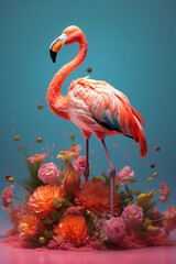 Fototapete - A conceptual image of a Flamingo made from unconventional materials, such as flowers or feathers, challenging the perception of Flamingo as solely utilitarian objects. Generative AI technology.