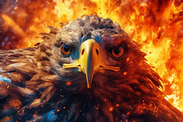 Fototapete - A digital illustration of a Eagle engulfed in flames, symbolizing destruction, chaos, or revolution. Generative AI technology.