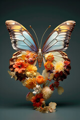 Fototapete - A conceptual image of a Butterfly made from unconventional materials, such as flowers or feathers, challenging the perception of Butterfly as solely utilitarian objects.  Generative AI technology.