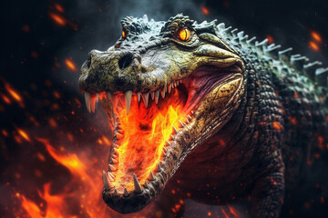 Fototapete - A digital illustration of a Crocodile engulfed in flames, symbolizing destruction, chaos, or revolution.  Generative AI technology.
