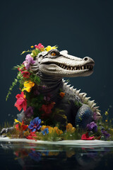 Fototapete - A conceptual image of a Alligator made from unconventional materials, such as flowers or feathers, challenging the perception of Alligator as solely utilitarian objects. Generative AI technology.