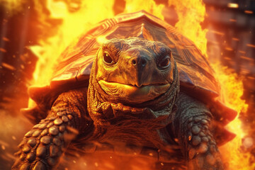 Fototapete - A digital illustration of a Turtle engulfed in flames, symbolizing destruction, chaos, or revolution.  Generative AI technology.