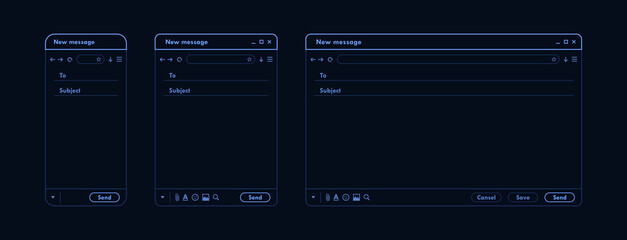 Dark mode email interface. Outline mail window template for mobile phone, tablet and computer. Internet new message frame, blank email. Modern line style vector illustration