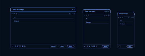 Dark mode email interface. Outline mail window template for mobile phone, tablet and computer. Internet new message frame, blank email. Modern line style vector illustration