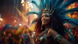 Photo of a woman wearing a feathered headdress in a vibrant costume .generative ai