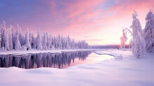 Winter Landscape With Sunset Over A River, Snow Covered Trees