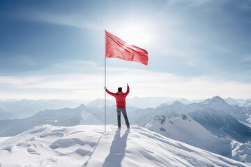 Back view of a man on top of a snowy mountain on a sunny day, raising a red flag. Creative concept of leadership, conquering peaks, professional achievements. Generative AI photo imitation.