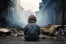 Homeless, Child, Sitting In Front Of Deserted Abandon Street 