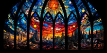 Stained Glass Window In Church. Generative AI