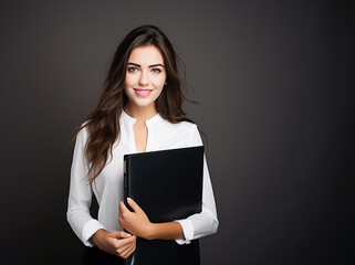   Beautiful smiling business woman  in white shirt holding folder in hands against grey background