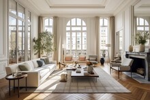 Sophisticated Parisian Style Living Room With High Ceilings. Generative AI