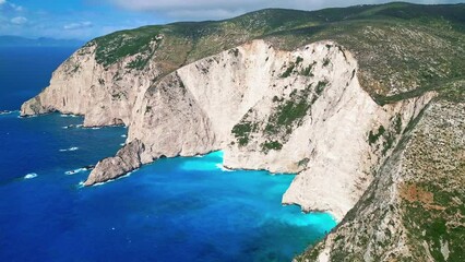 Wall Mural - Navagio Beach, Zakynthos - Greece. Aerial drone view of famous Shipwreck Beach, overhead landscape of Ionian Sea.